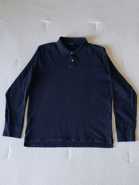 J. CREW Men's Oarsman Pique Cotton Long-Sleeved Polo Shirt (L) Navy Blue